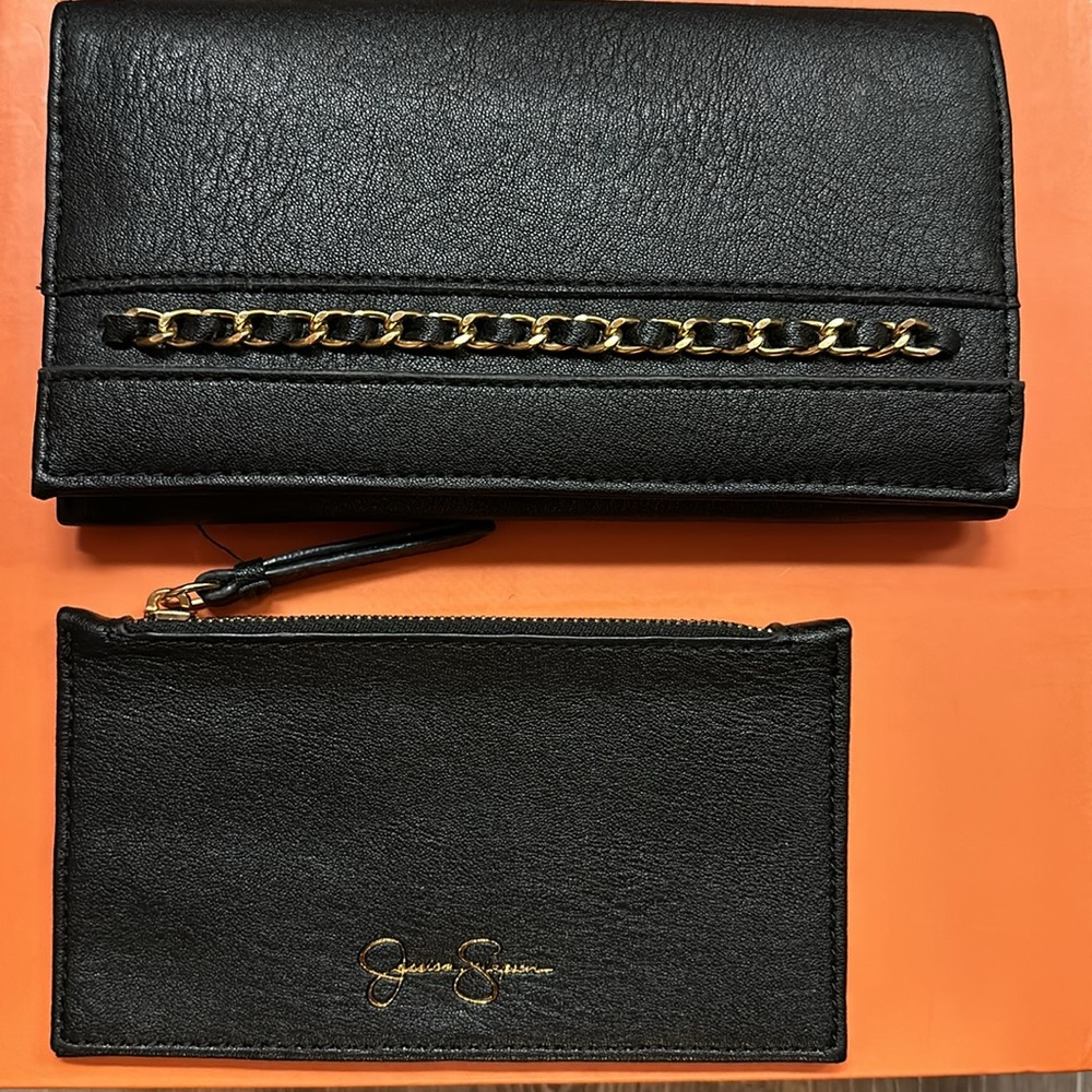 Jessica Simpson 2 piece wallet set. Black with Gold Hardware